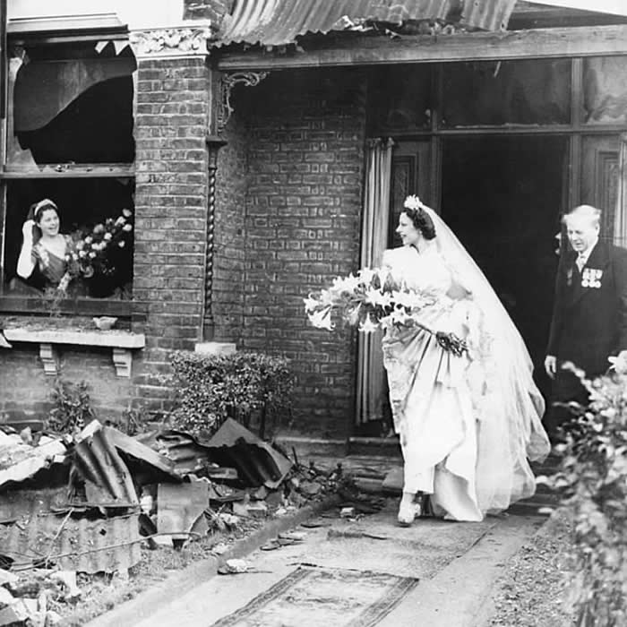 During WWII, a bride steps out of a bombed home to marry, proving hope survives even in war.